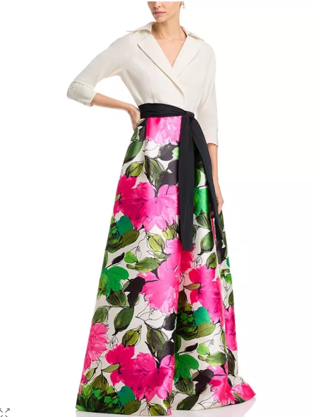 Teri Jon Rickie freeman sz 12 Taffeta shirt dress gown black top floral skirt - Picture 4 of 7